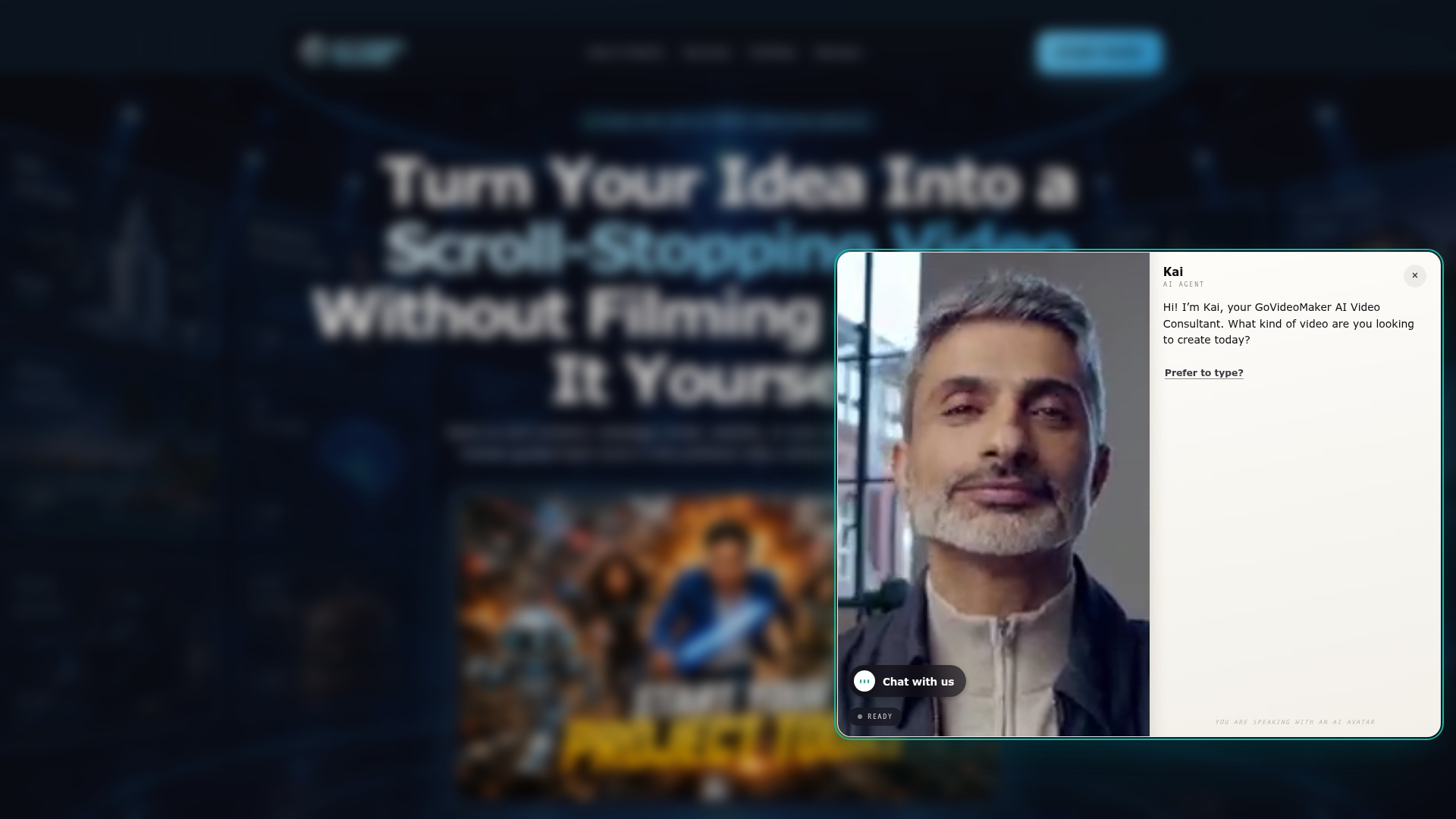 Go Video Maker website with Kai, the LiveRep avatar, open in a chat window