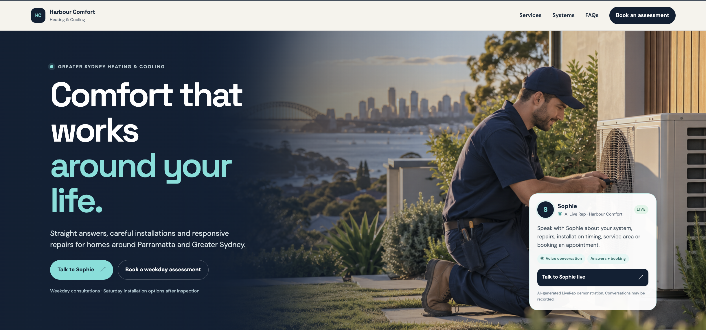 Harbour Comfort heating and cooling website, with a technician servicing an outdoor unit overlooking Sydney Harbour