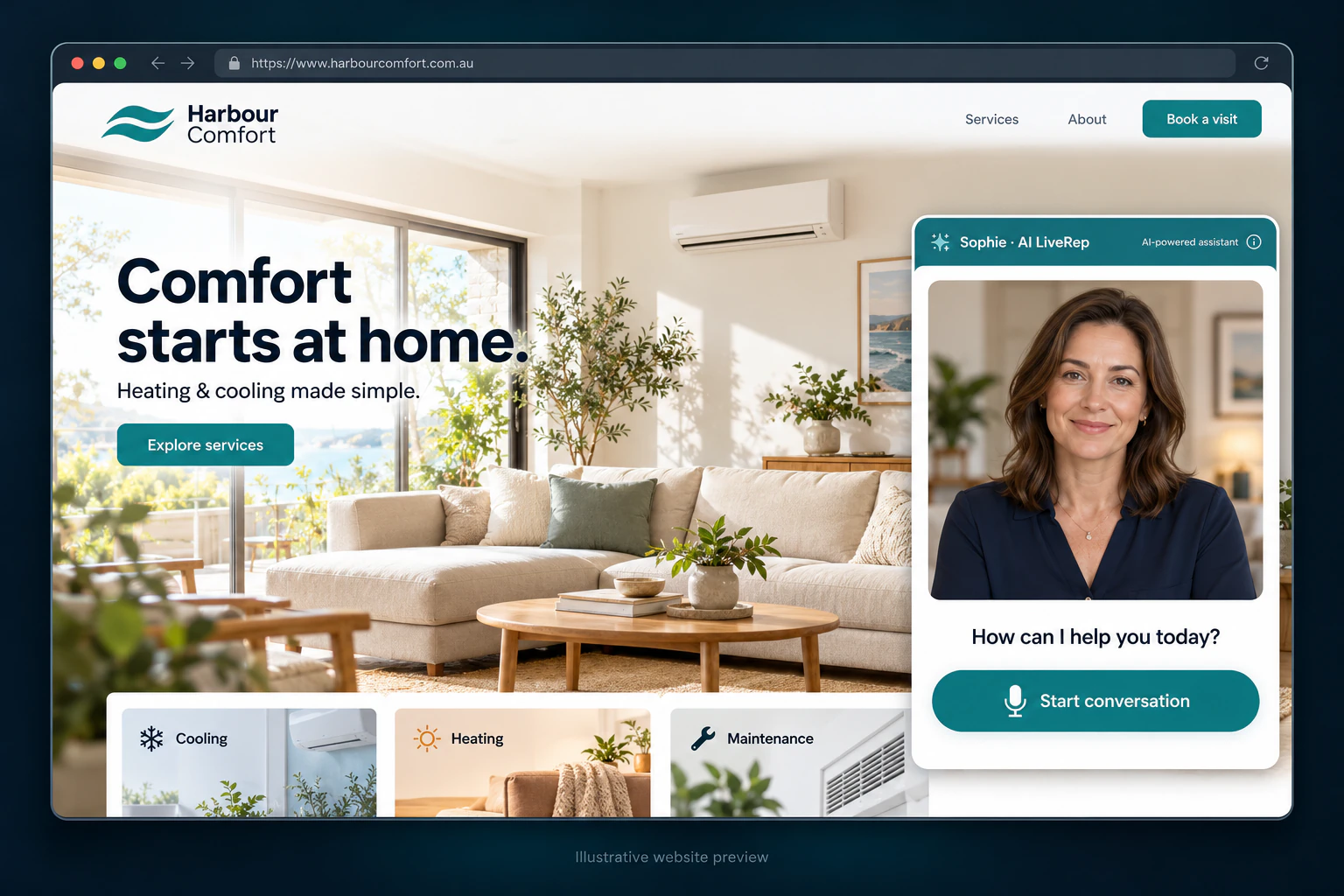 Illustrative Harbour Comfort website with an AI LiveRep conversation panel.